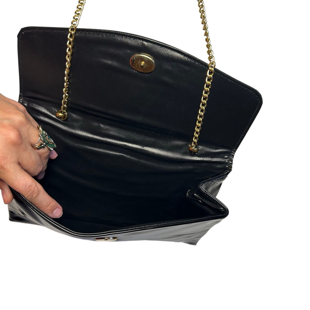 VTG 70s Patent Leather Black Gold Chain Convertible Clutch Shoulder Bag Purse