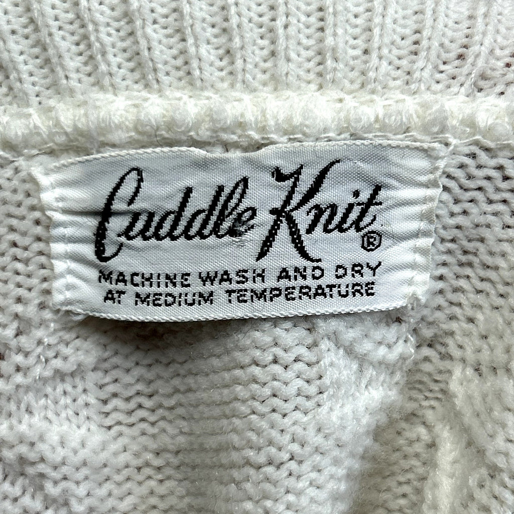 VTG 70s Cuddle Knit OS White Button Front Fringe Knit Poncho Cape Sweater Twee