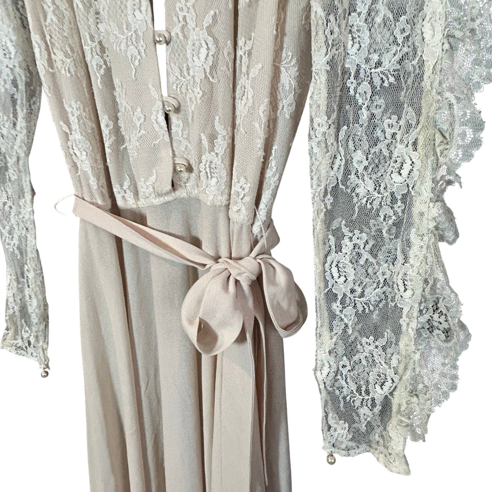 VTG 70s Phase II California Lace Ruffle Maxi Dress Cream Size 6 Victorian Pearl