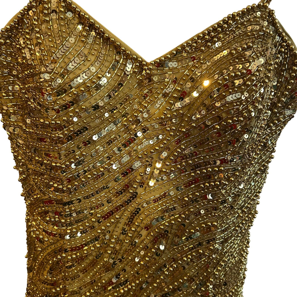 VTG Nite Line AJ Bari Gold Beaded Silk Dress Sweetheart Evening Gown 4 Trophy