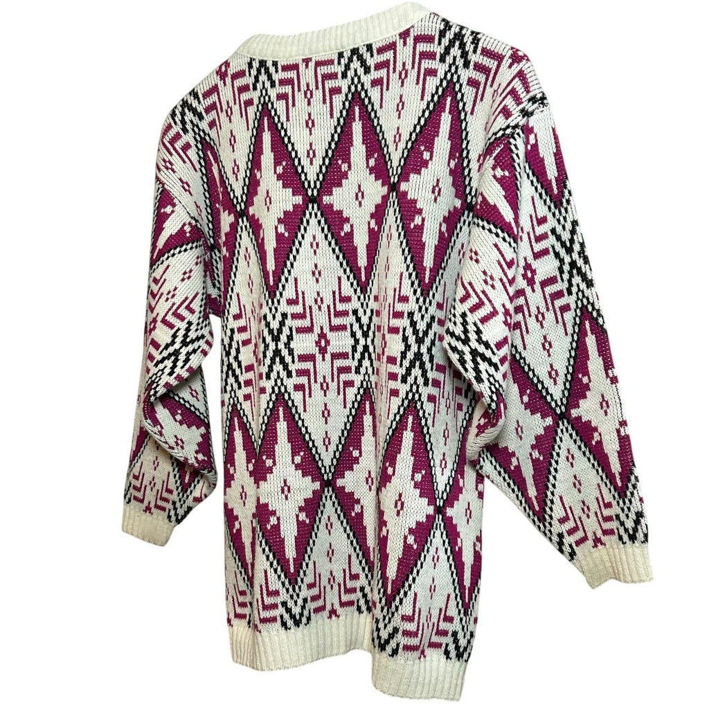 VTG 80s Justin Allen Geometric Diamond Sweater Made in USA Magenta White L