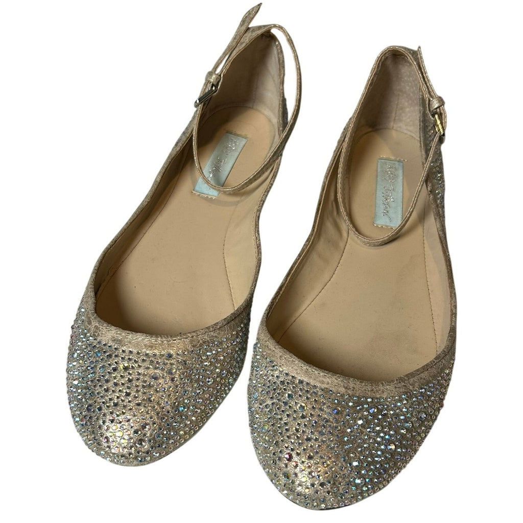 Betsey Johnson Cream Rhinestone Flats Glitter Coquette 8.5 Bridal Whimsigoth