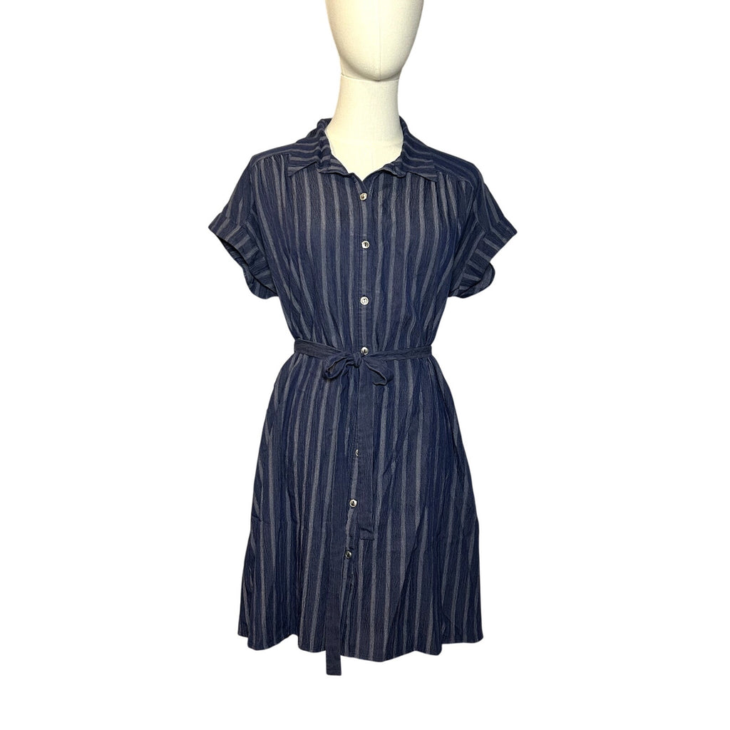 Naif Navy Blue Striped Cotton Blend Shirt Dress Tie Waist Women's Medium Casual