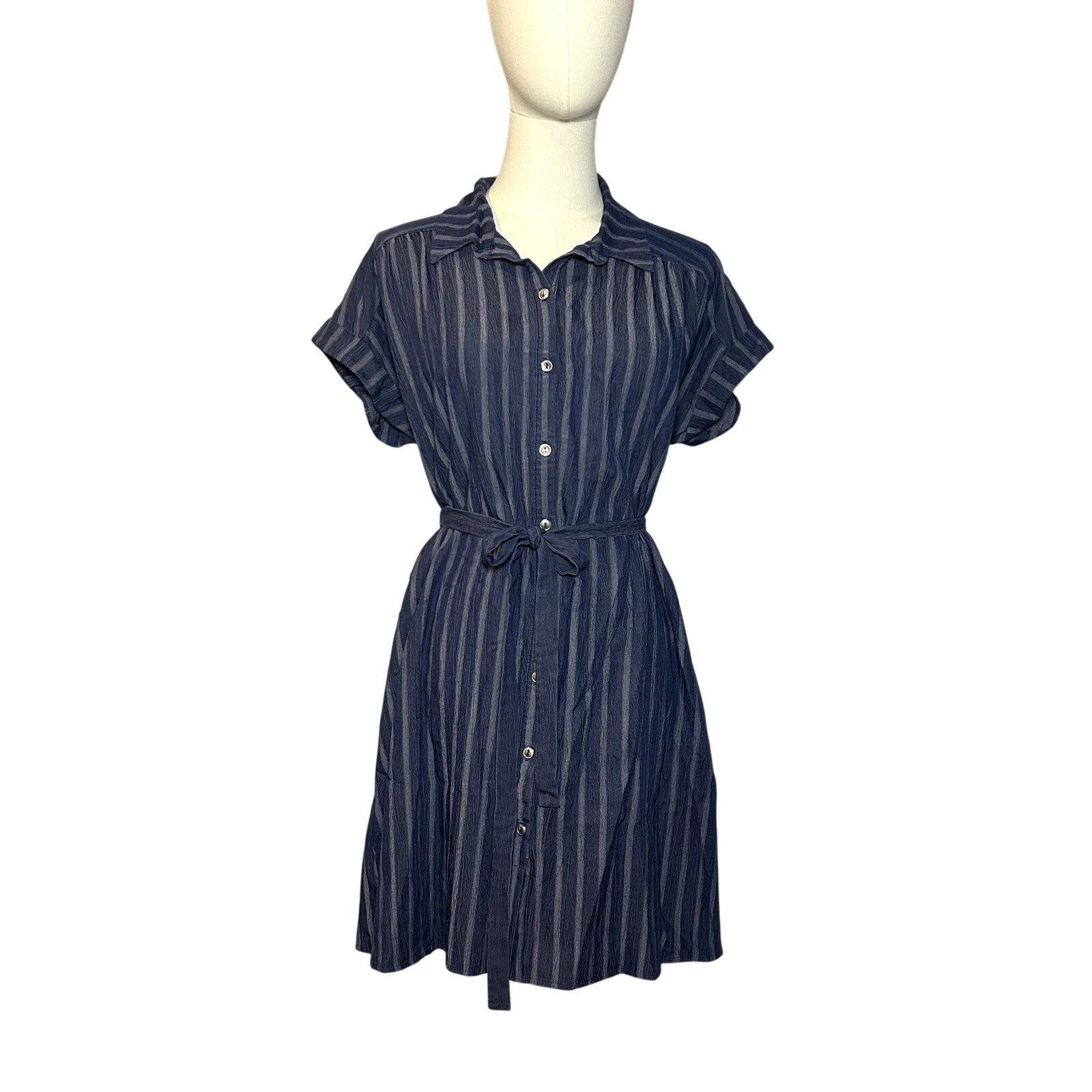 Naif Navy Blue Striped Cotton Blend Shirt Dress Tie Waist Women's Medium Casual