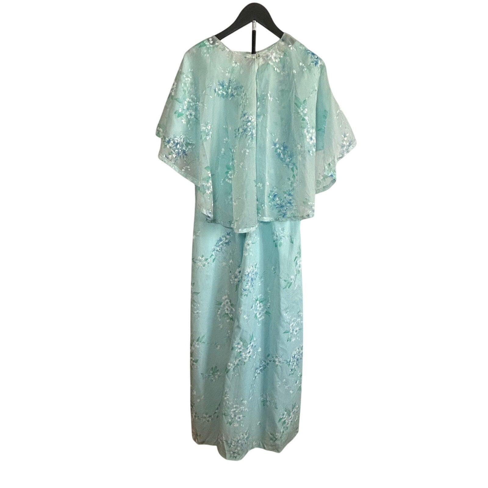 VTG 70s Handmade Blue Floral Ball Gown Capelet Empire Waist Maxi 10 Cottage Glam