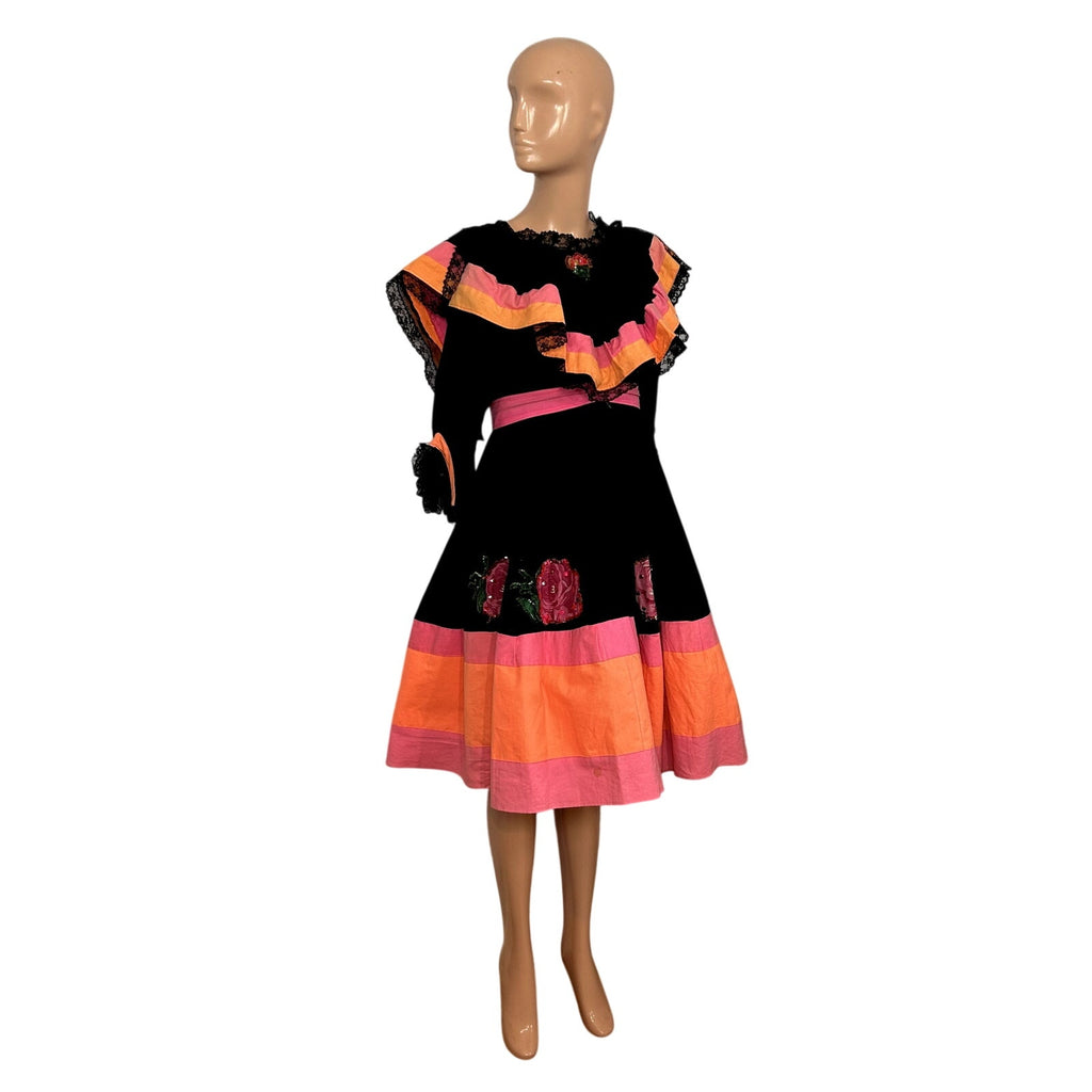 VTG 70s Vintage XS Black Pink Mexican Folkloric Flounce Sequin Dress Retro