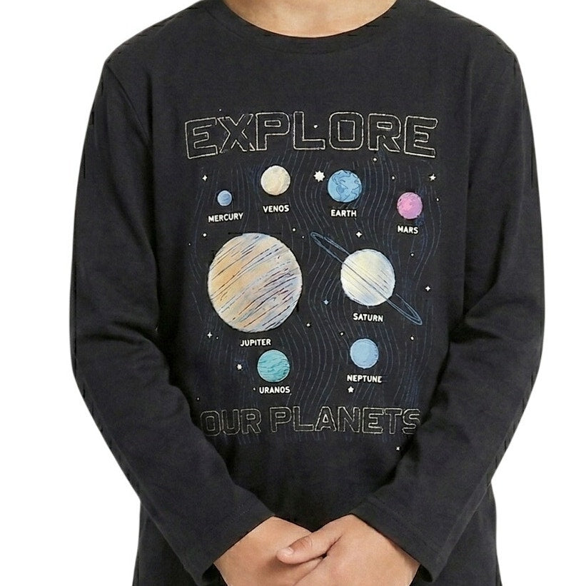 Wonder Nation Boys Solar System Shirt Size 8 Black Long Sleeve Science STEM Top
