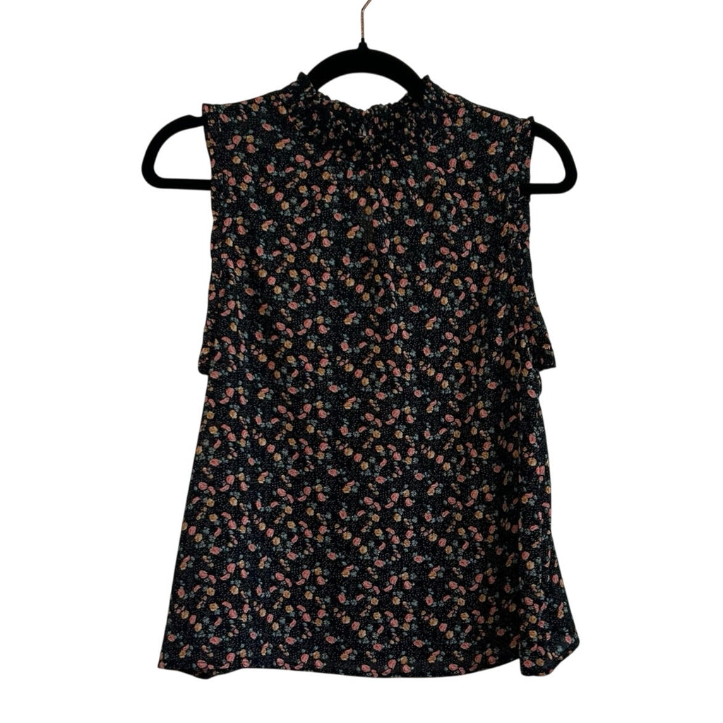 Black Pink Floral Sleeveless Mock Neck M Smocked Top Ruffle Y2K Romantic Goth