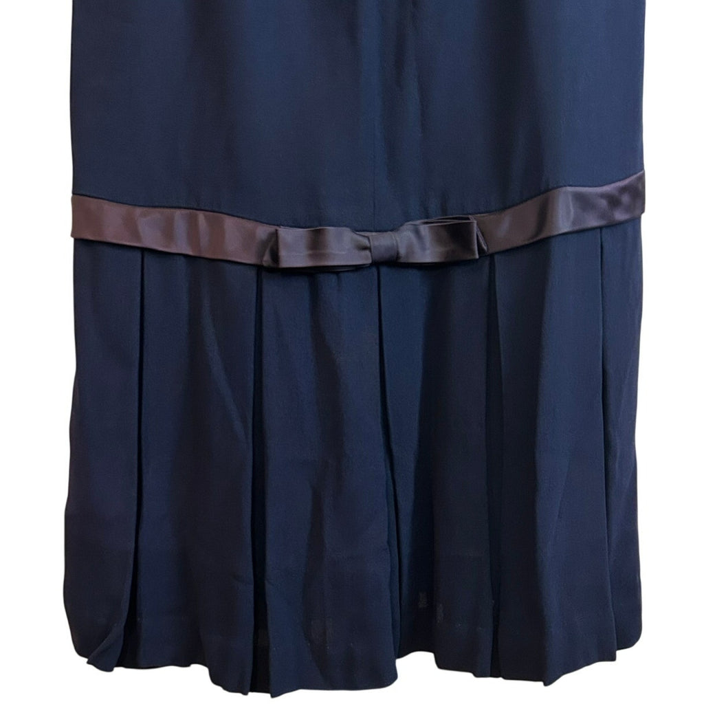 VTG 1950s Navy Blue Crepe Drop Waist Cocktail Dress Satin Bow Pleated Skirt M