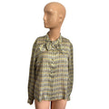 VTG 70s Sir Norman Hartnell M Tan Silk Houndstooth Pussy Bow Couture Blouse