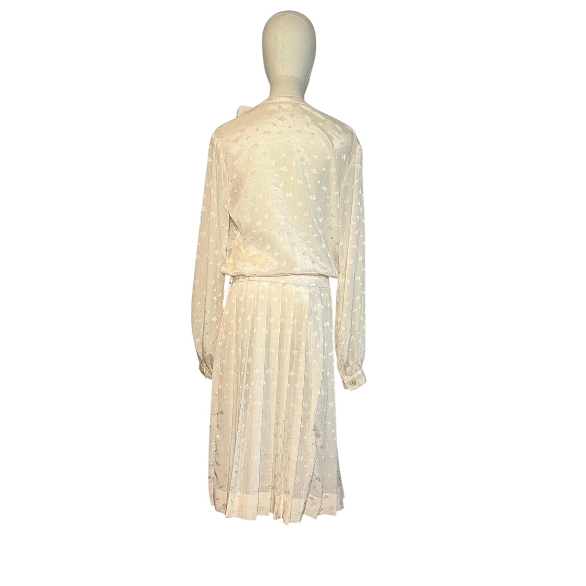 VTG 70s White Pussy Bow Pleated M Midi Dress Retro Twee Preppy Coquette Wedding