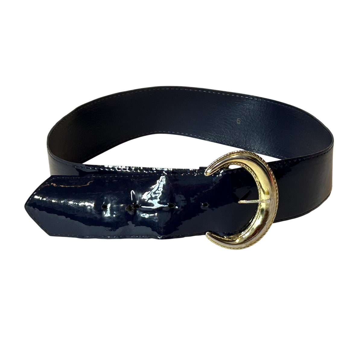 VTG 80s Glam Blue Belt Gold Crescent Buckle Patent Leather Retro Office Siren