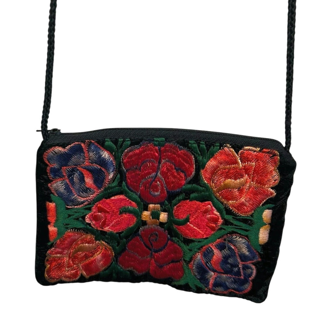 VTG Floral Embroidered Black Velvet Mini Crossbody Bag Boho Whimsigoth