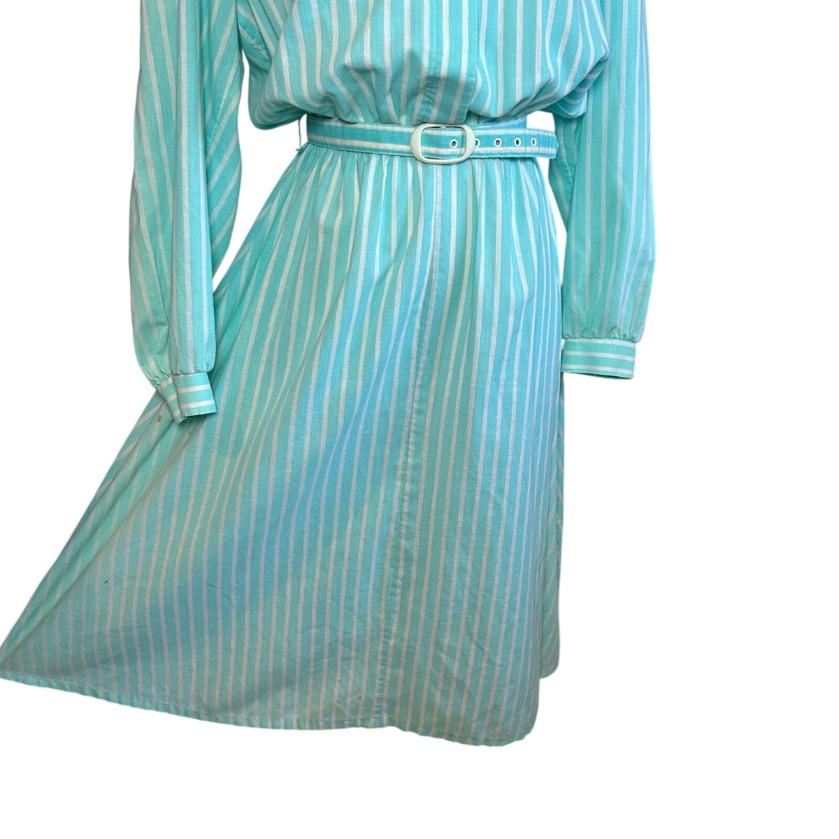 VTG 80s Carriage Court Teal Striped Belted Midi Dress M Retro Preppy Cottage