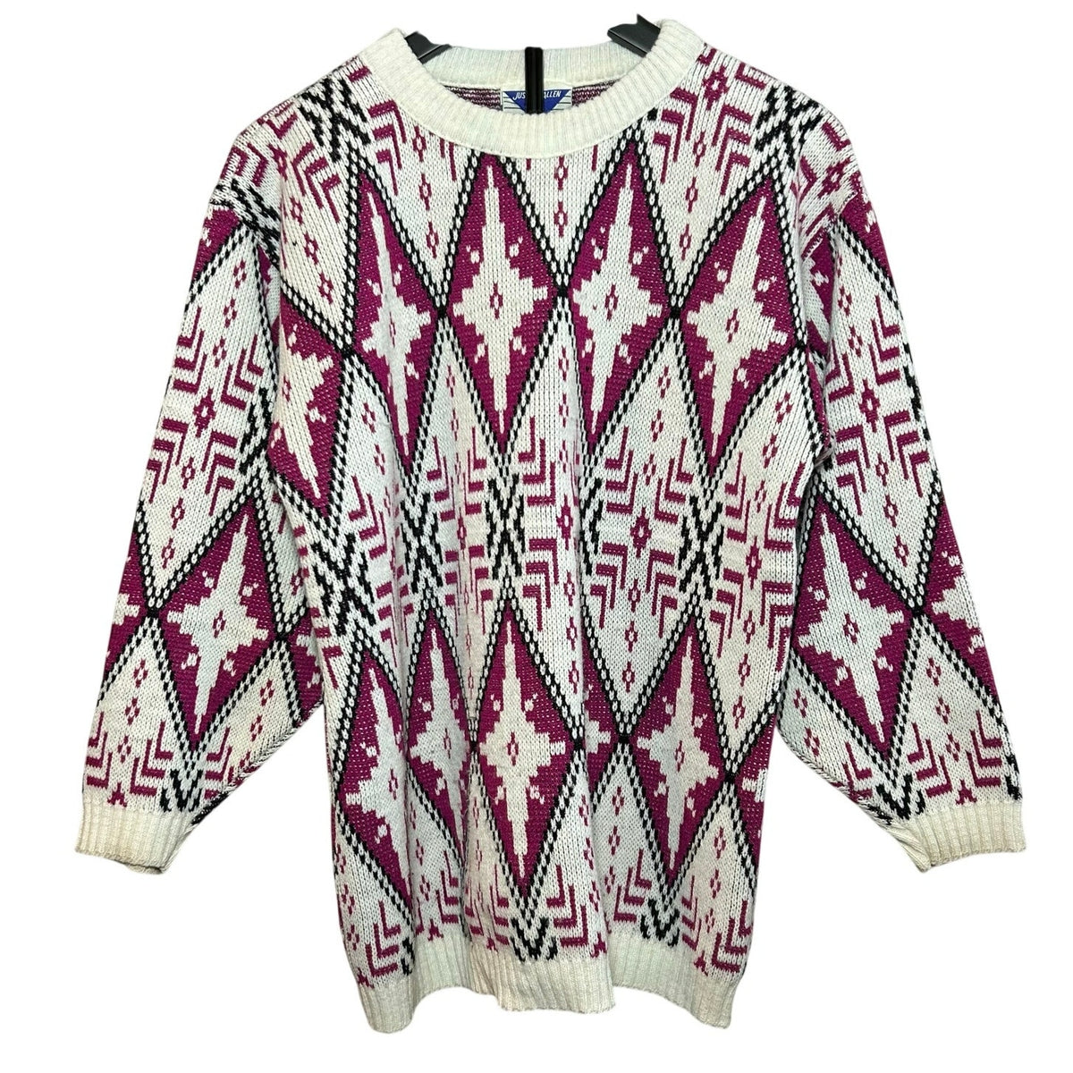 VTG 80s Justin Allen Geometric Diamond Sweater Made in USA Magenta White L