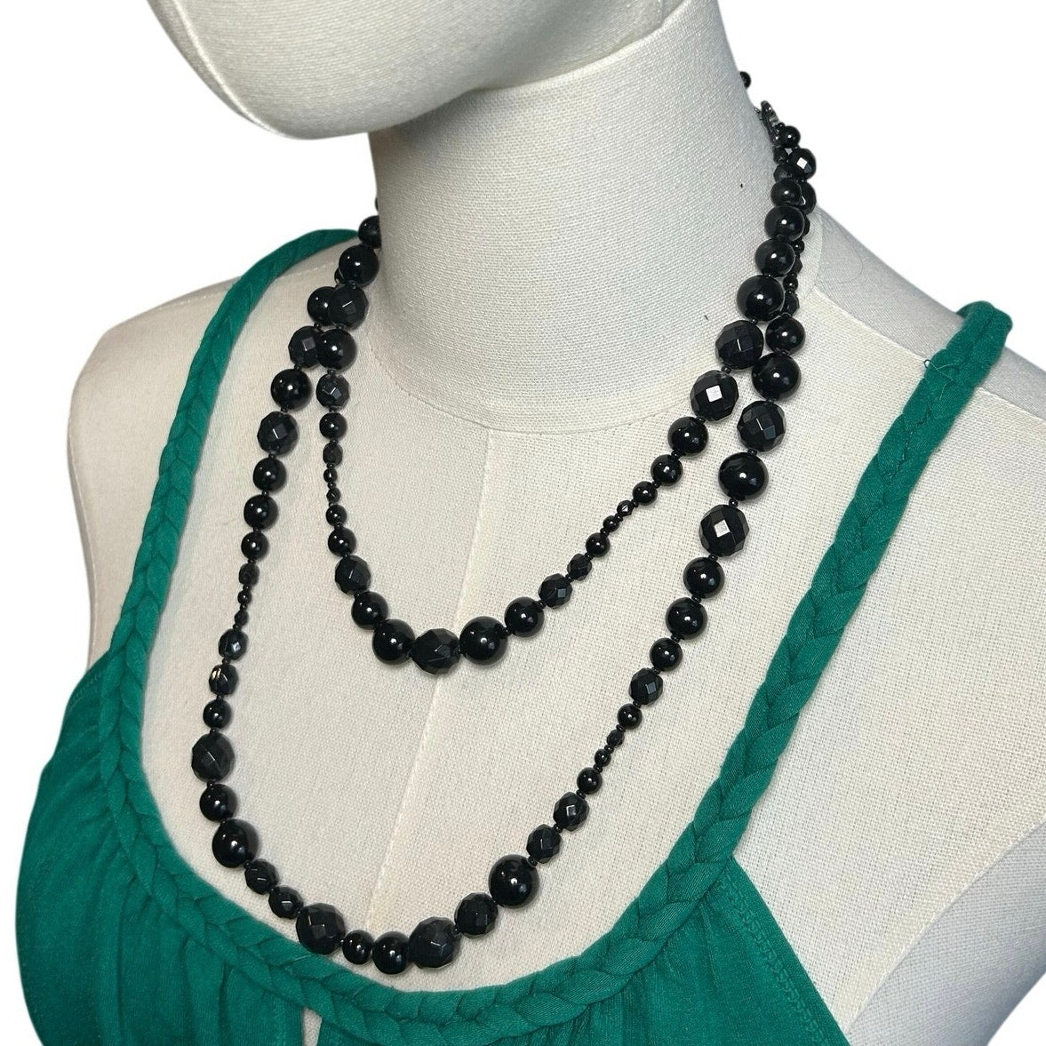 VTG Y2K Double Strand Black Bead Adjustable Choker Goth Office Siren Luxe Gatsby