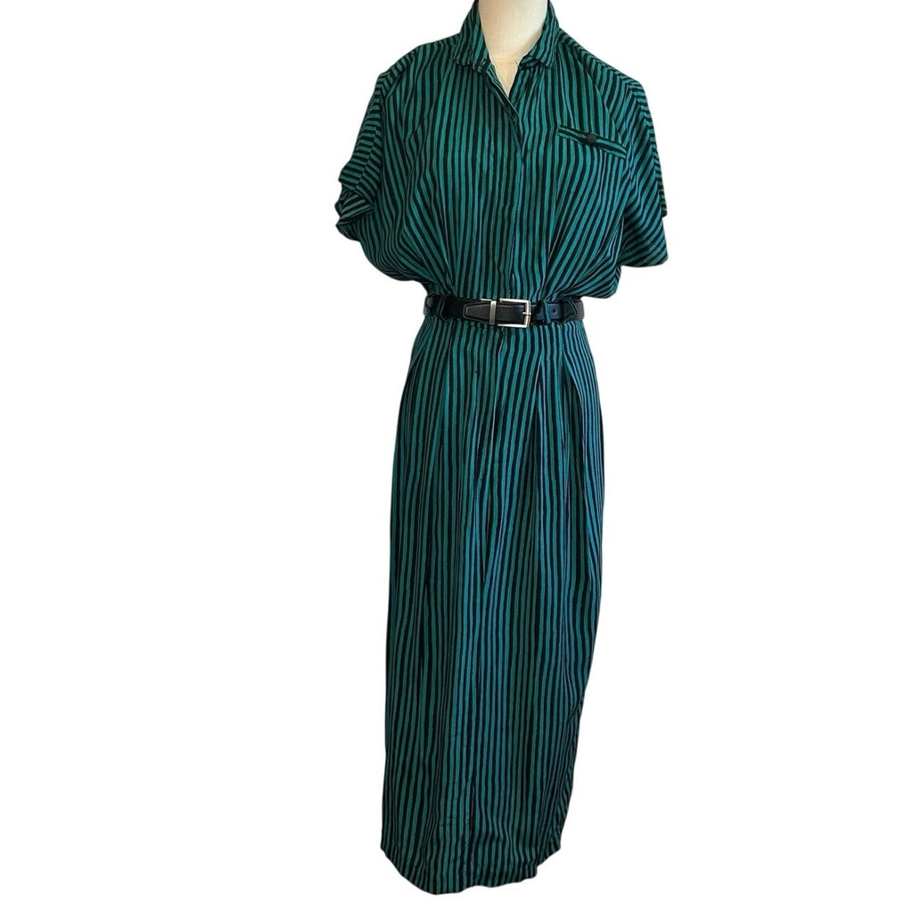 VTG 80s Scarlett Green Black Striped Rayon Midi Dress S Retro Boho Whimsigoth