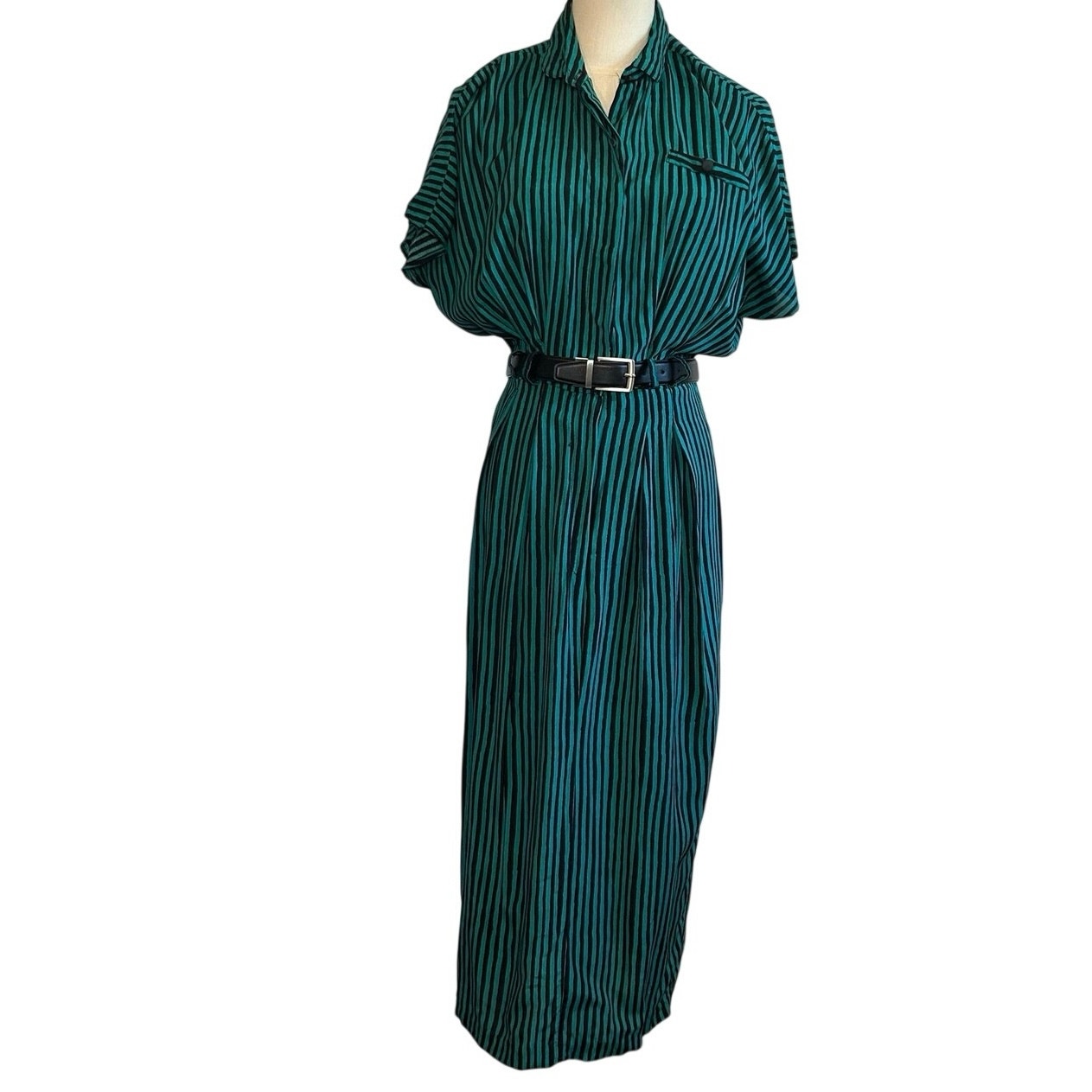 VTG 80s Scarlett Green Black Striped Rayon Midi Dress S Retro Boho Whimsigoth
