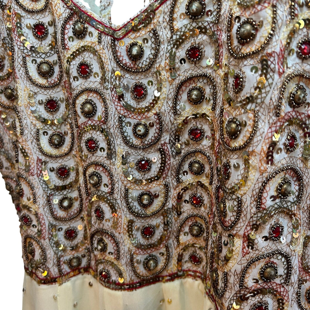 VTG 70s Anmol Indian Metallic Gold Thread Chiffon Dress Boho Whimsigoth XXS