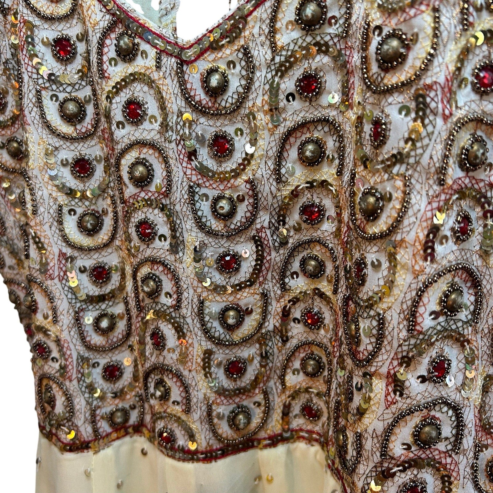 VTG 70s Anmol Indian Metallic Gold Thread Chiffon Dress Boho Whimsigoth XXS