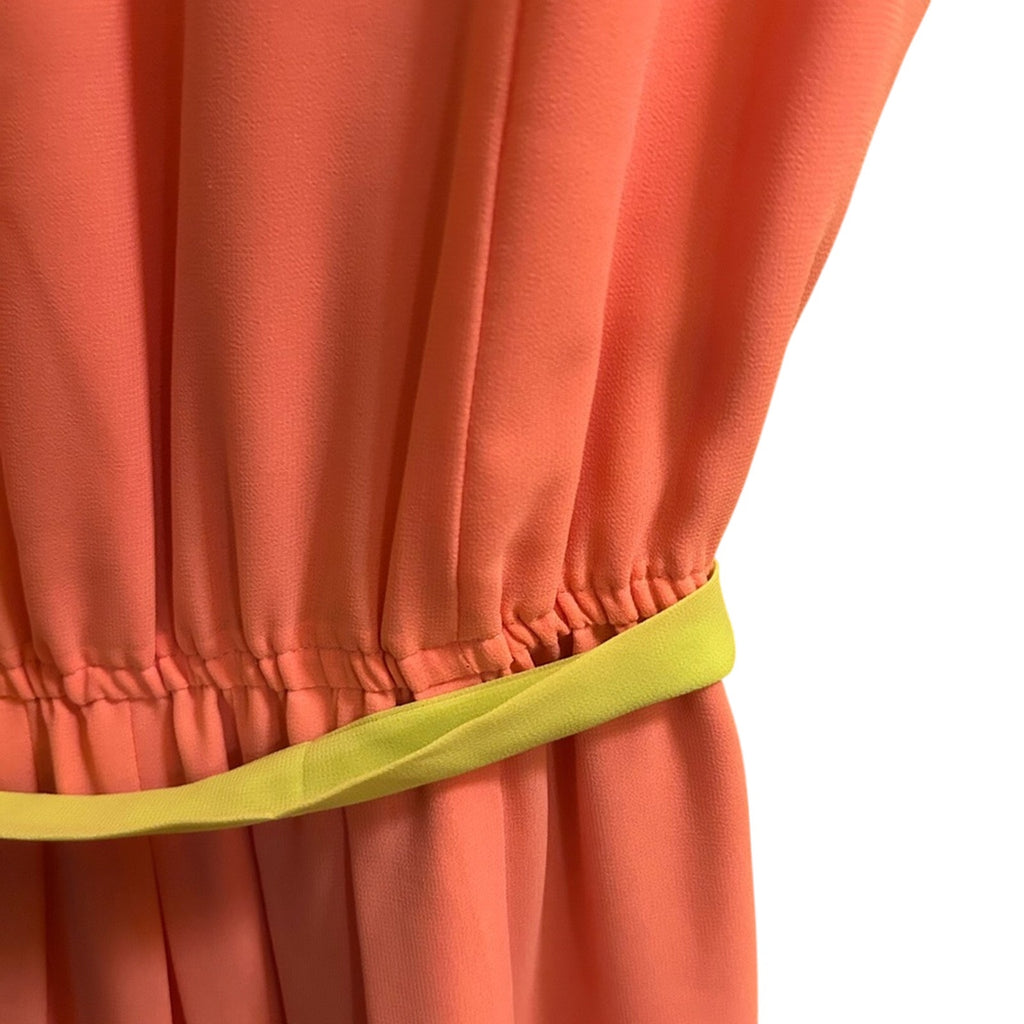 LOFT Colorblock Pleated Midi Dress Pink Coral Neon Green Belt 6 Preppy Retro