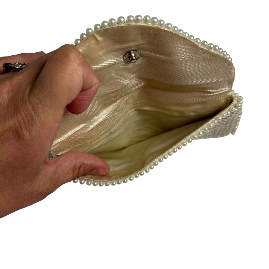 VTG 50s Pearl Beaded Clutch Japan White Evening Bag Glam Coquette Bridal Wedding