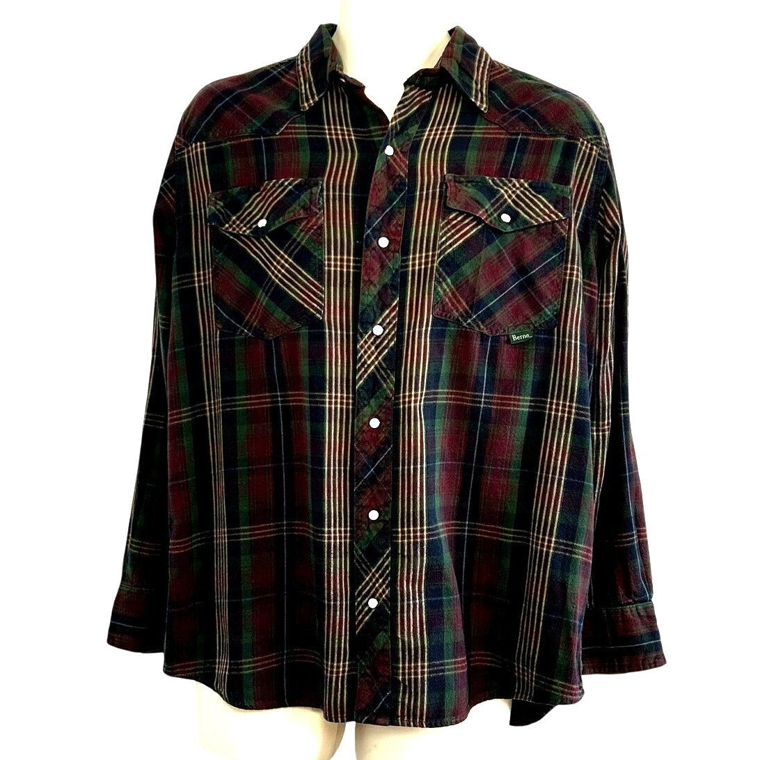 Berne L Multicolor Plaid Flannel Pearl Snap Work Shirt Utility Pen Pocket Gorp