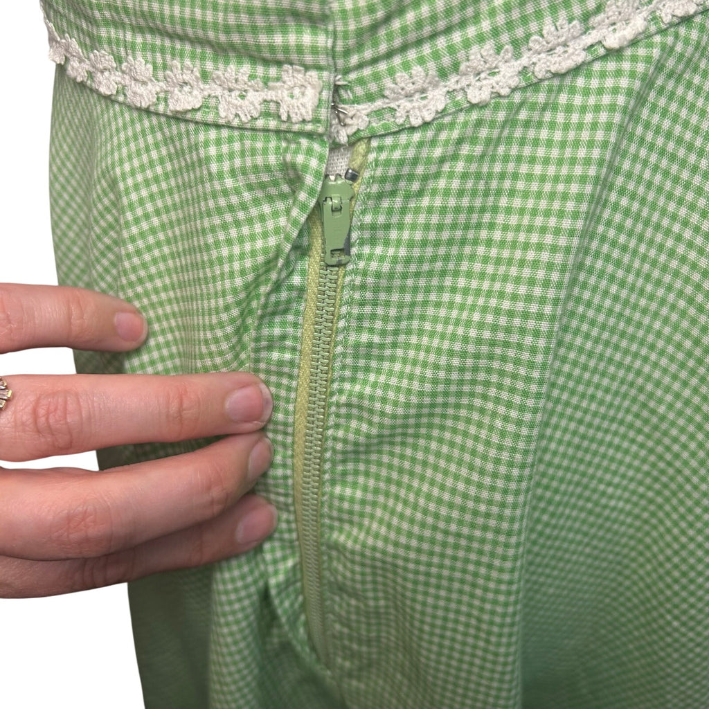 VTG 50s Green Gingham Midi Skirt Daisy Trim Rockabilly Medium Retro Western Boho