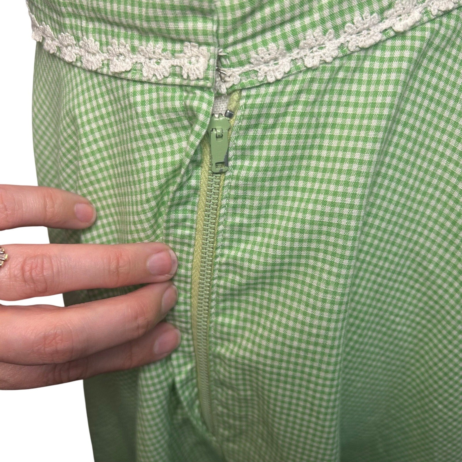 VTG 50s Green Gingham Midi Skirt Daisy Trim Rockabilly Medium Retro Western Boho