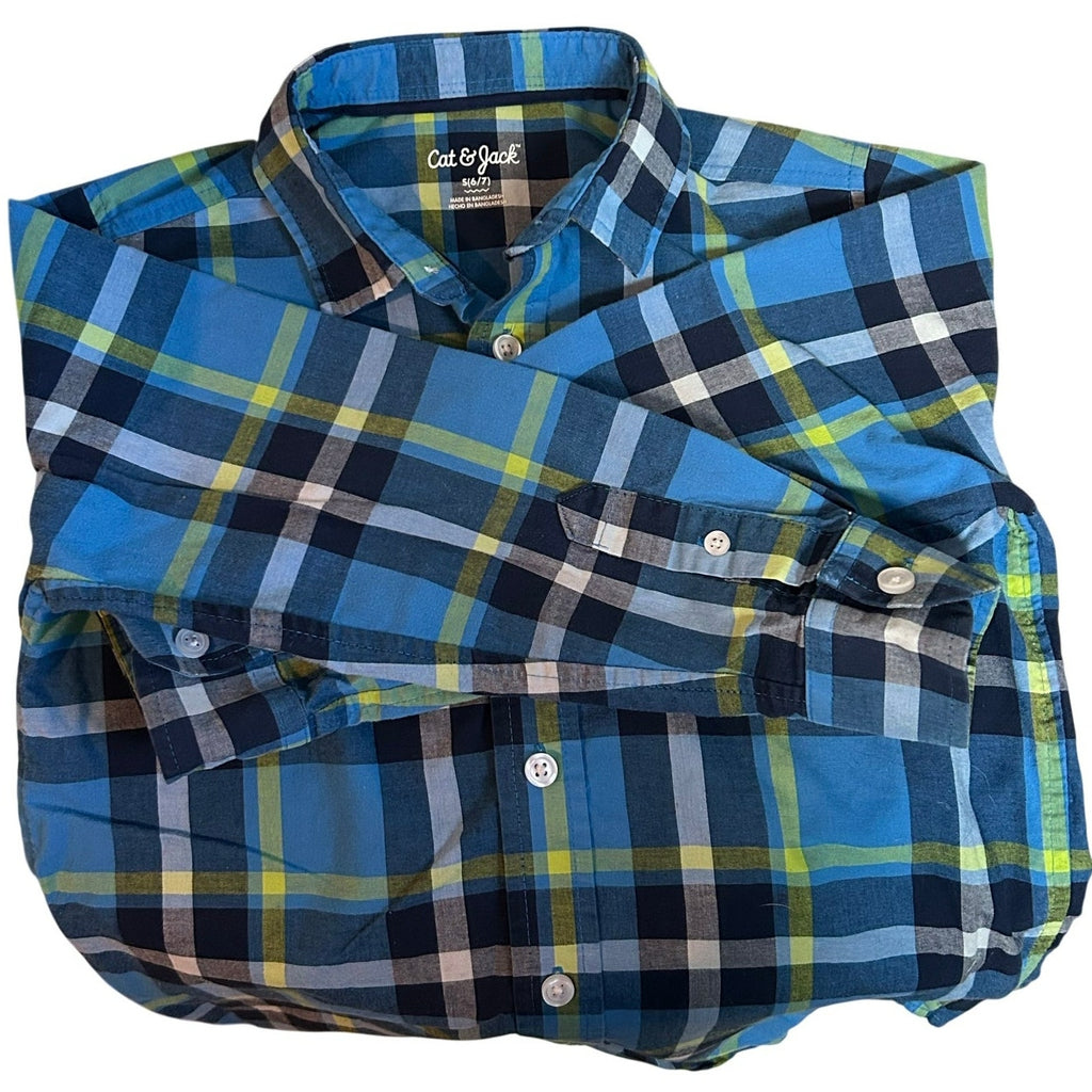 Cat & Jack Boys Blue Green Plaid Shirt Size 6/7 Long Sleeve FLAW