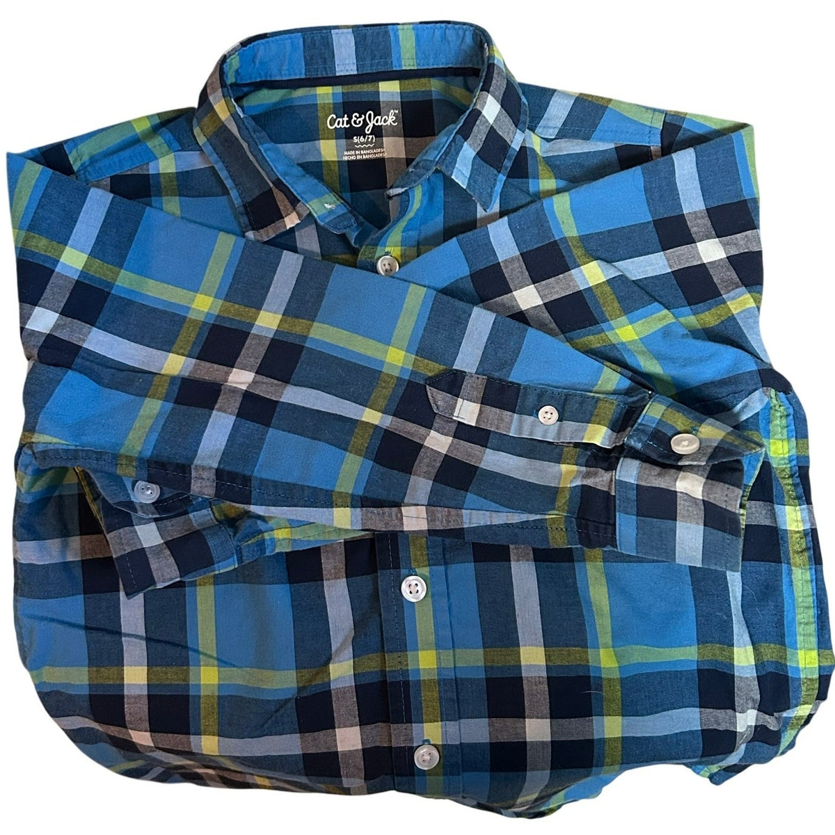 Cat & Jack Boys Blue Green Plaid Shirt Size 6/7 Long Sleeve FLAW
