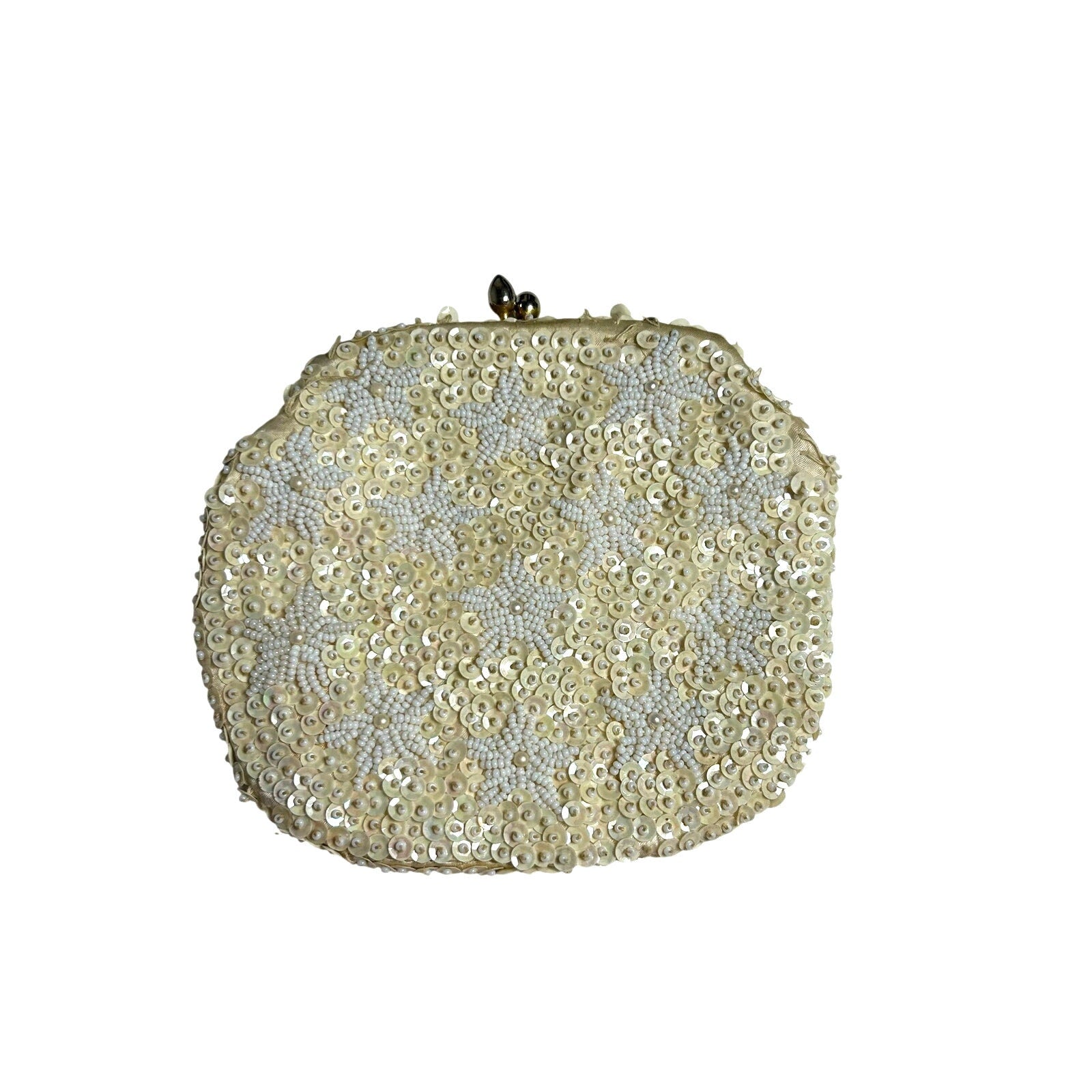 VTG 50s Cream Sequin White Floral Clutch Evening Bag Bridal Prom Retro Glam Twee