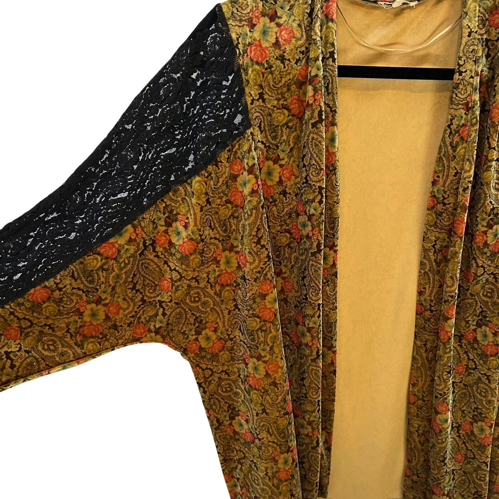 Mystree Whimsygoth Velvet Paisley Cardigan Black Lace Sleeve Dark Floral Boho M