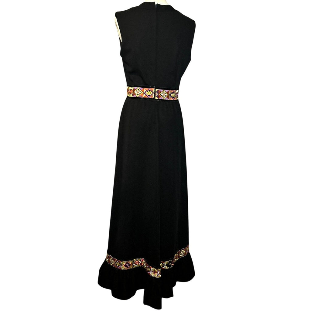 VTG 70s Black Folk Maxi Dress Embroidered Velvet Trim Ruffle Boho Hostess Small