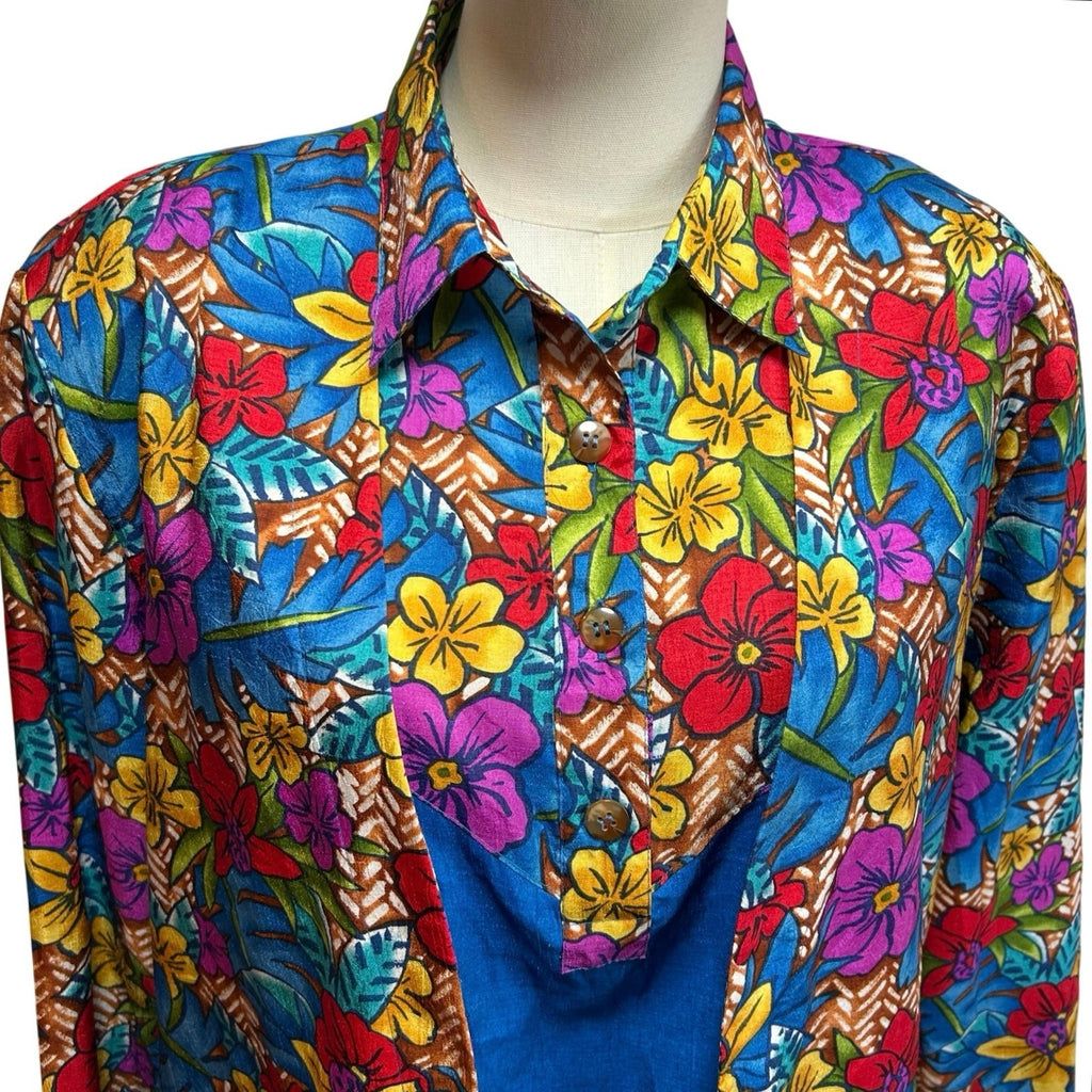 VTG 70s Bechamel 3pc Floral Set Whimsigoth Blue Tropical Jacket Shirt Pants Boho