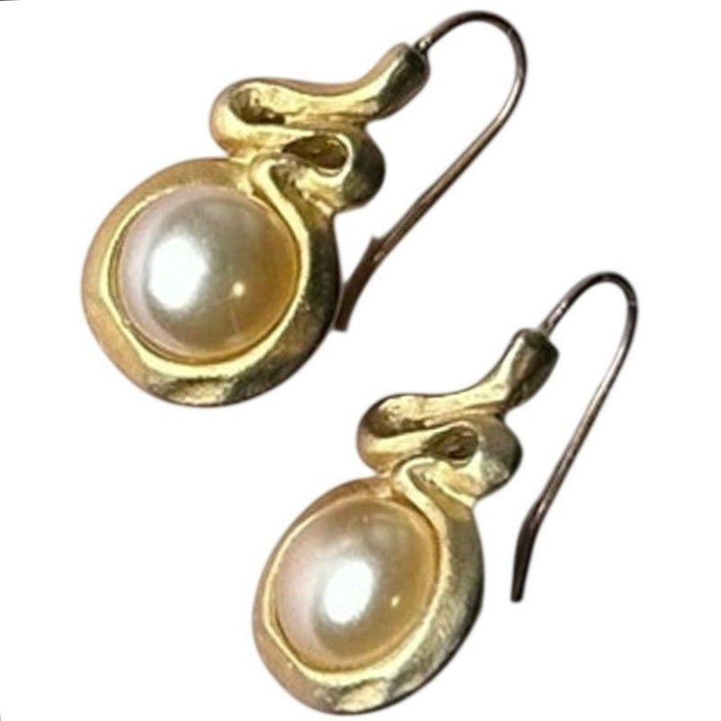 VTG 90s The Limited Gold Sculptural S-Curve Faux Pearl Drop Earrings Whimsigoth