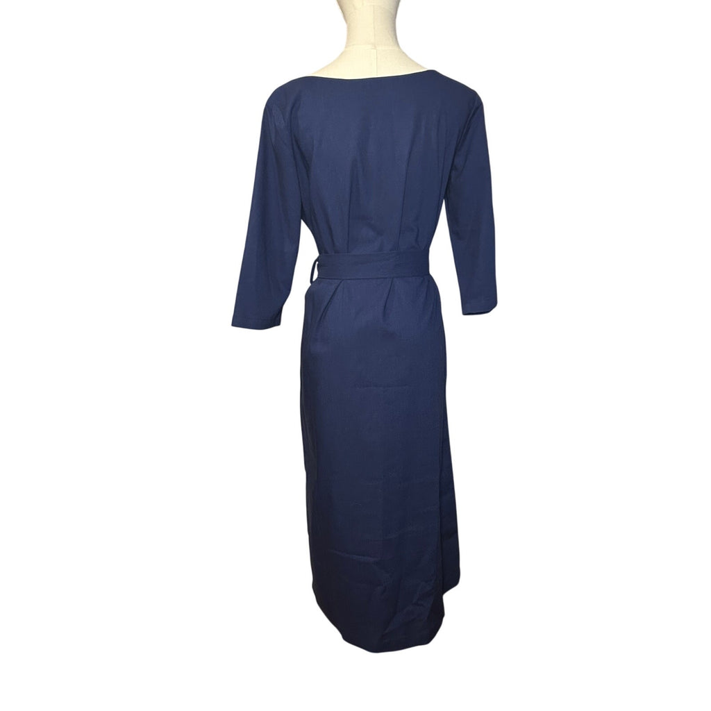 Hannah Canvas Signature Linen Belted Midi Dress Navy Blue Made in Canada Size M
