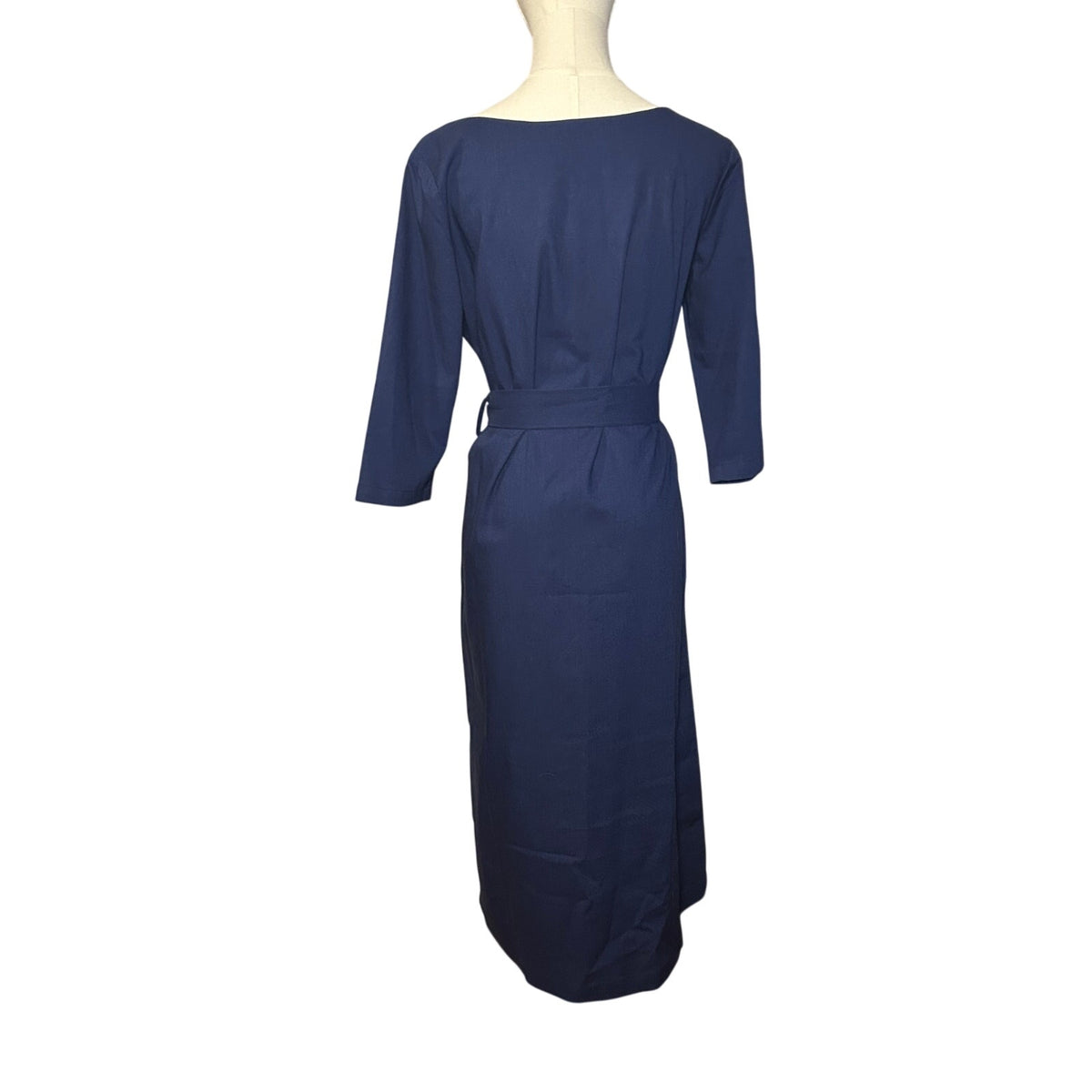 Hannah Canvas Signature Linen Belted Midi Dress Navy Blue Made in Canada Size M