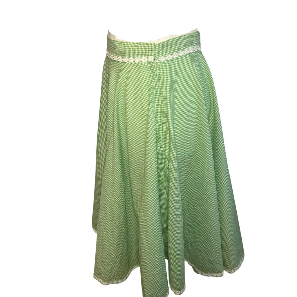 VTG 50s Green Gingham Midi Skirt Daisy Trim Rockabilly Medium Retro Western Boho