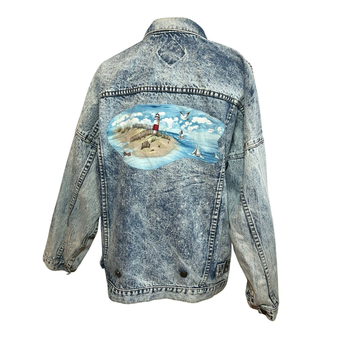 VTG 90s Ocean Denim Acid Wash Lighthouse Jacket Scenic Art Oversized XL