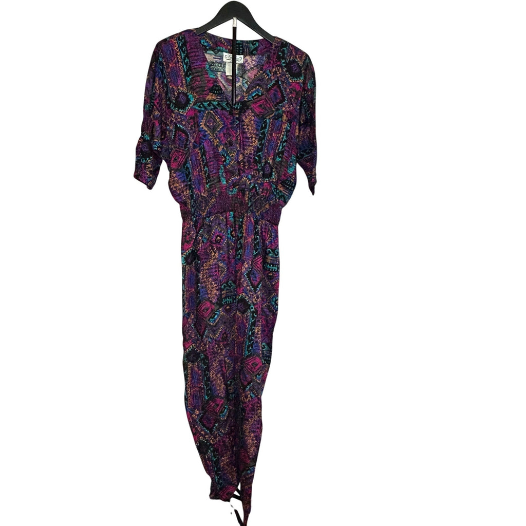 VTG En Focus Geometric Jumpsuit Purple L Rayon Southwestern Boho 90s USA Made