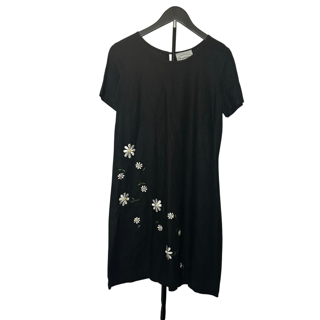 VTG Stonebridge Daisy Embroidered Shift Dress Black Sz 8 Linen Blend Whimsygoth