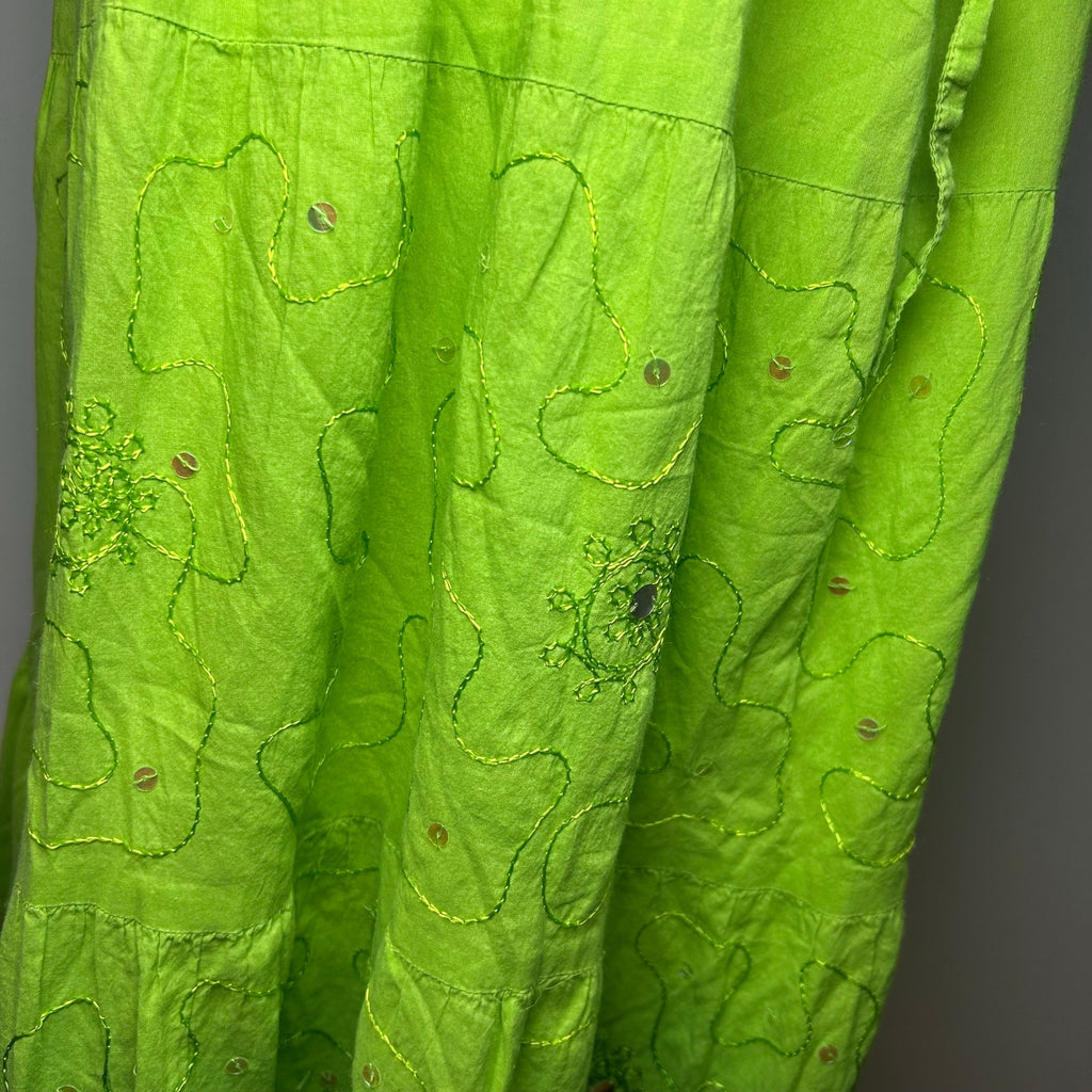 Green Ombre Broomstick L Maxi Skirt Sequin Embroidered Y2K Boho Fairy Grunge