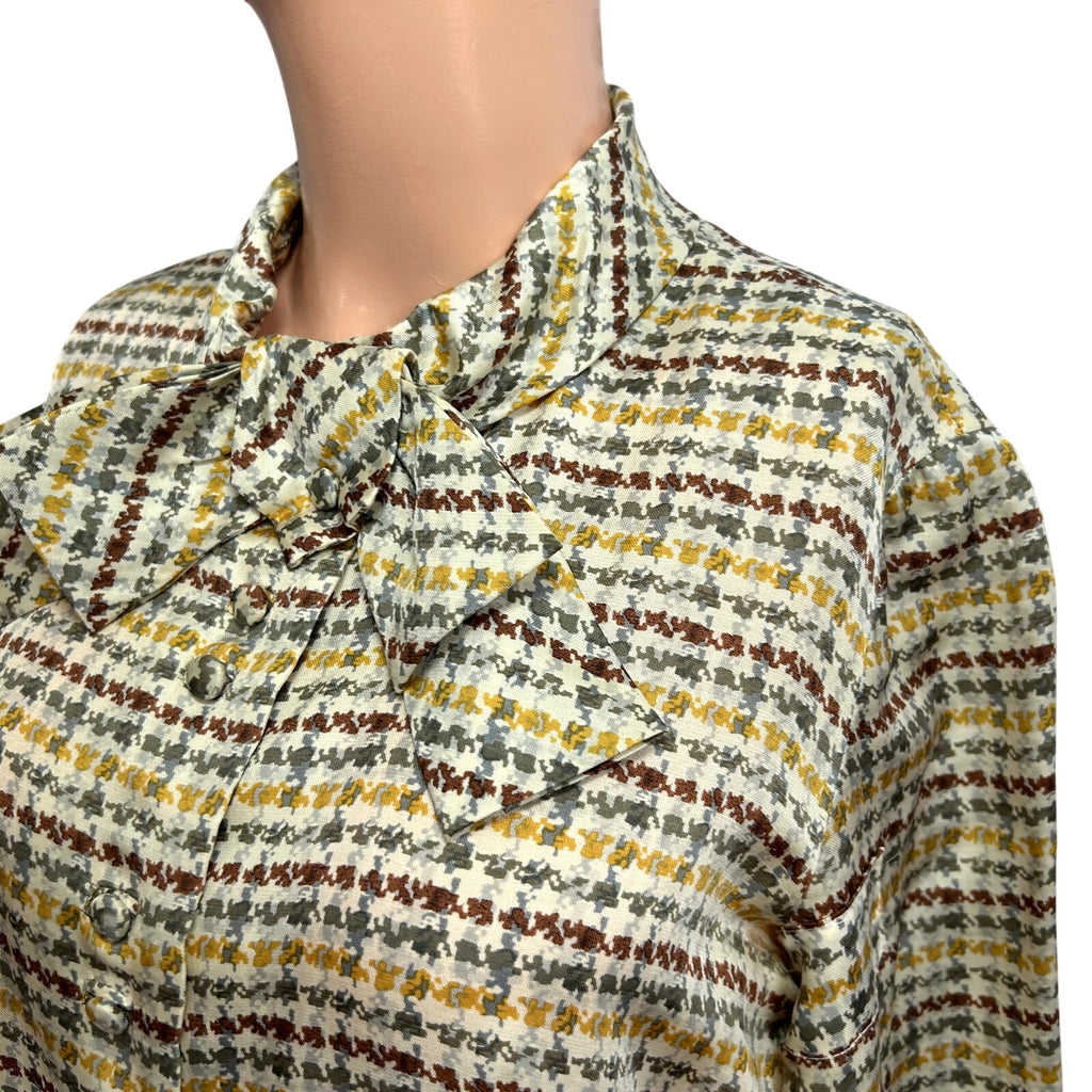 VTG 70s Sir Norman Hartnell M Tan Silk Houndstooth Pussy Bow Couture Blouse