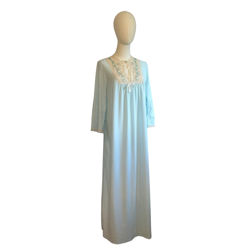 VTG 70s Blue Floral Lace Nightgown Sears XL Nylon Bridal Coquette Romantic Bow
