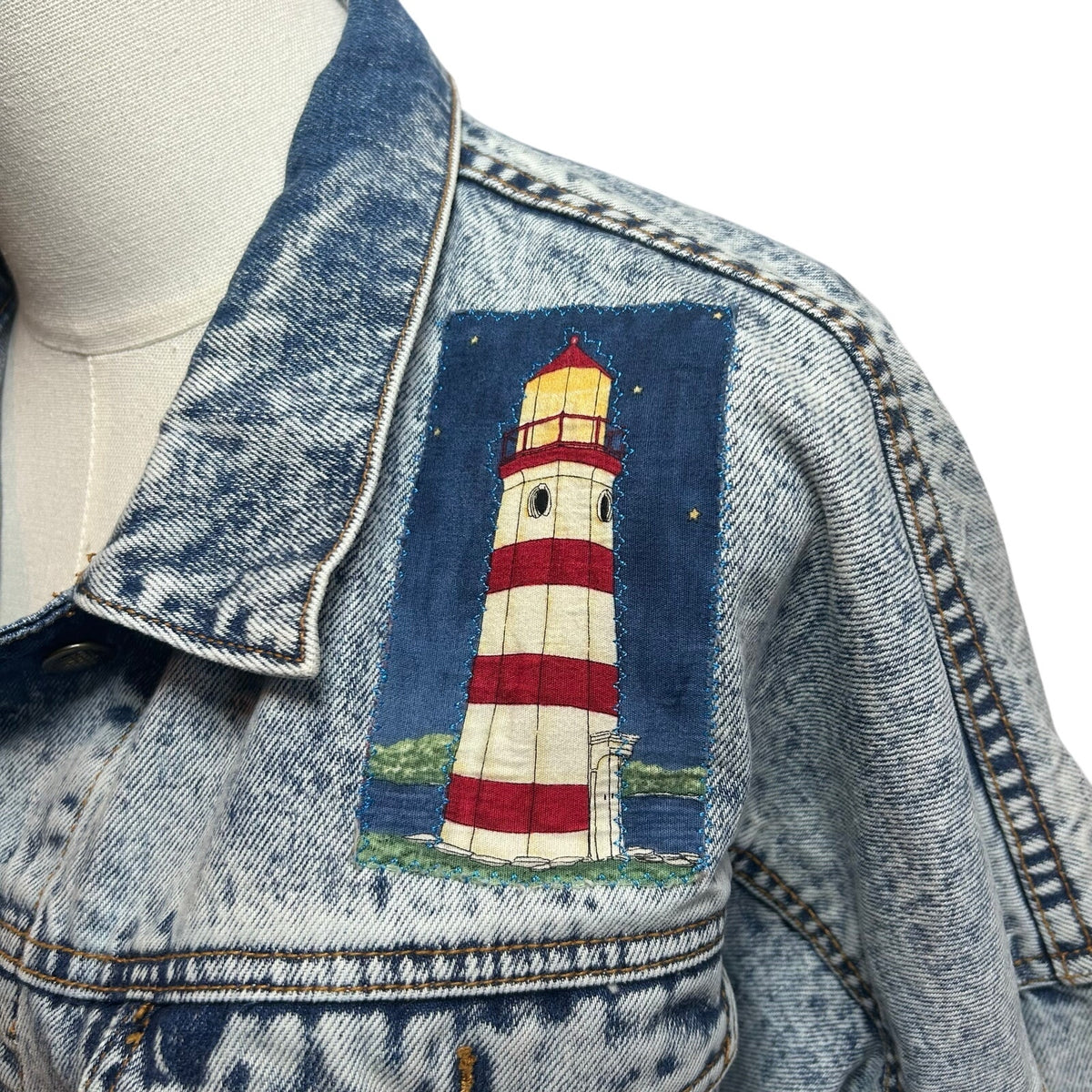 VTG 90s Ocean Denim Acid Wash Lighthouse Jacket Scenic Art Oversized XL