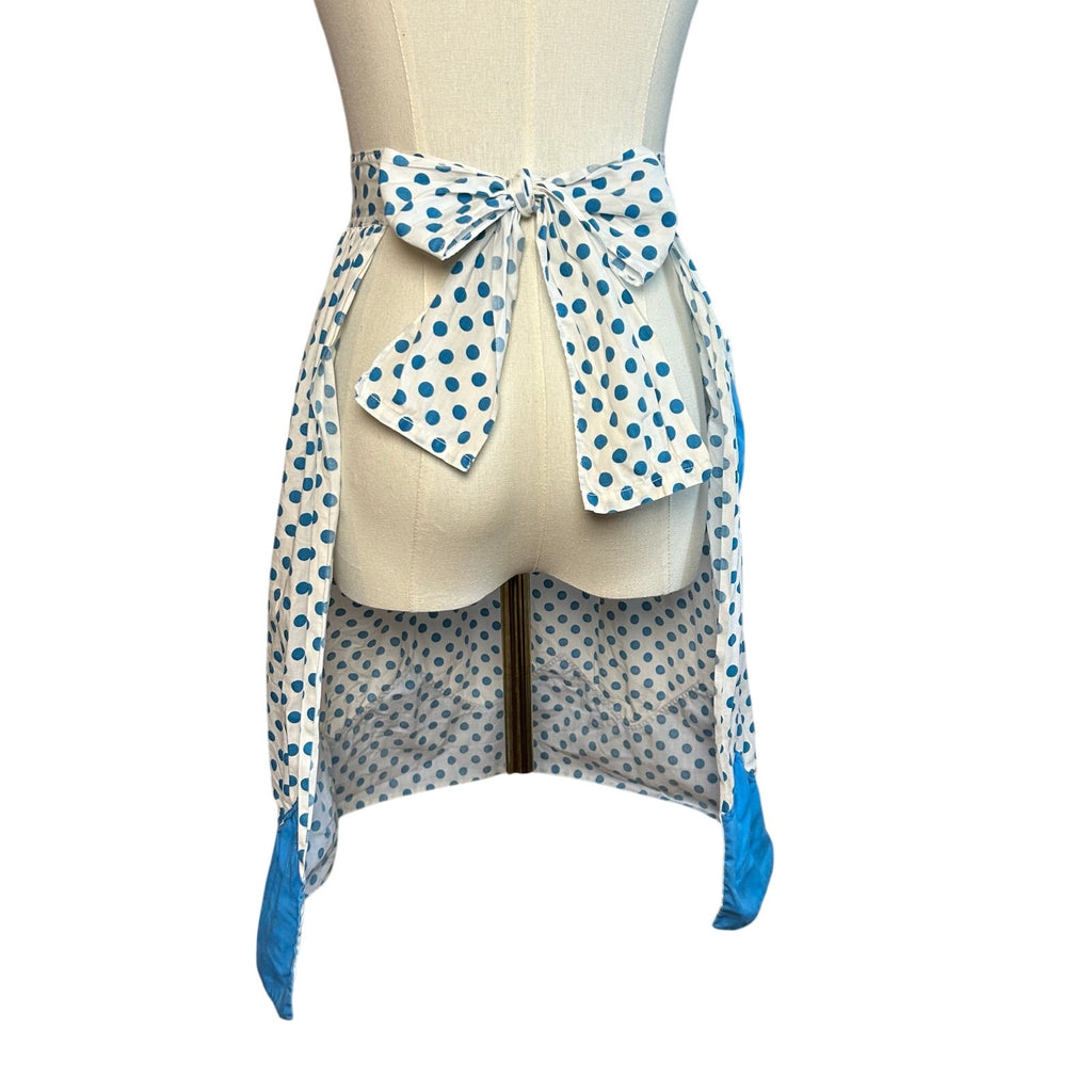 VTG Blue White Cotton Apron Handmade Pocket Polka Dot Cottage Retro Western Boho