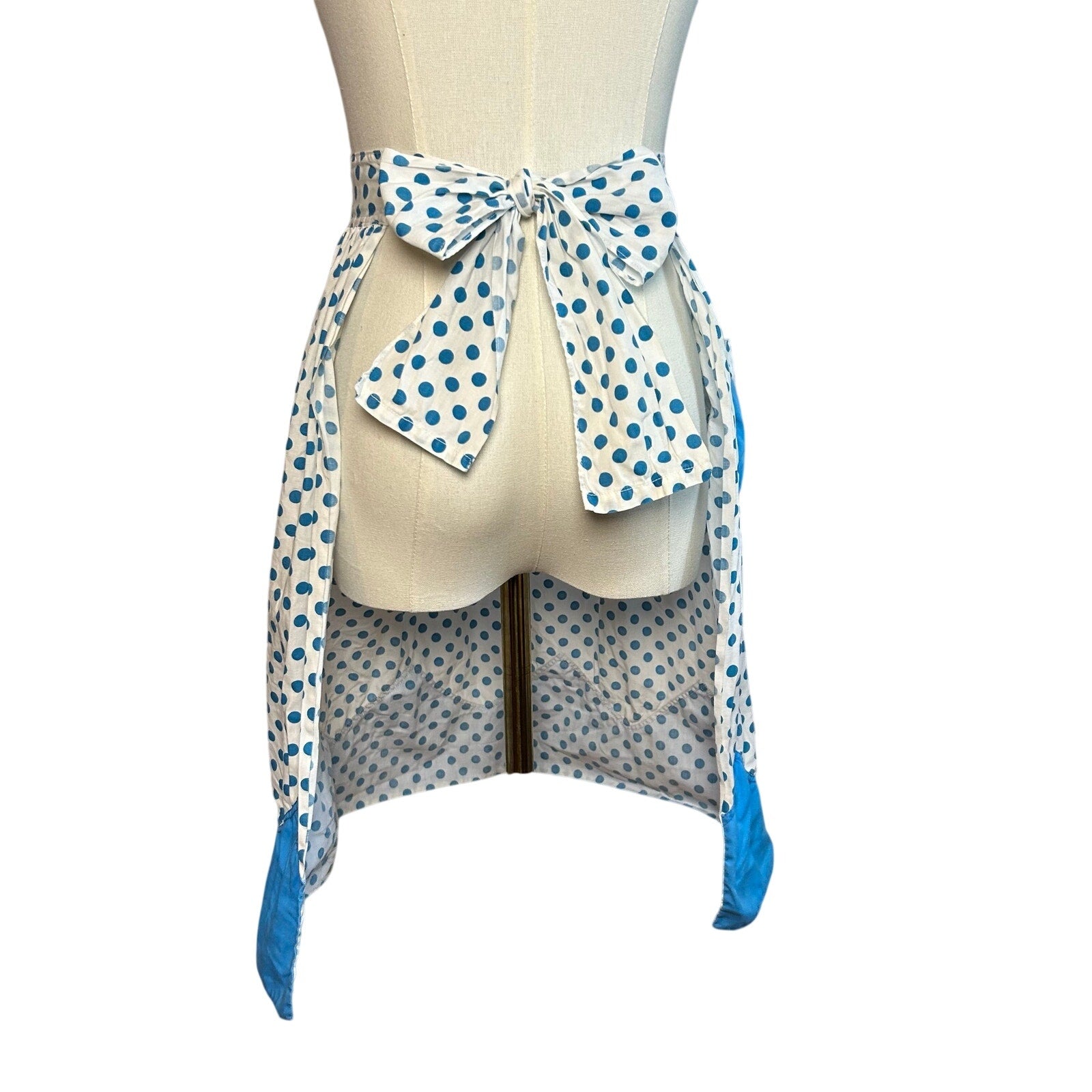 VTG Blue White Cotton Apron Handmade Pocket Polka Dot Cottage Retro Western Boho
