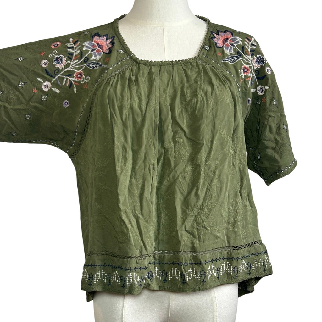 Knox Rose Blouse Small Green Rayon Embroidered Boho Peasant Indie Retro Cottage