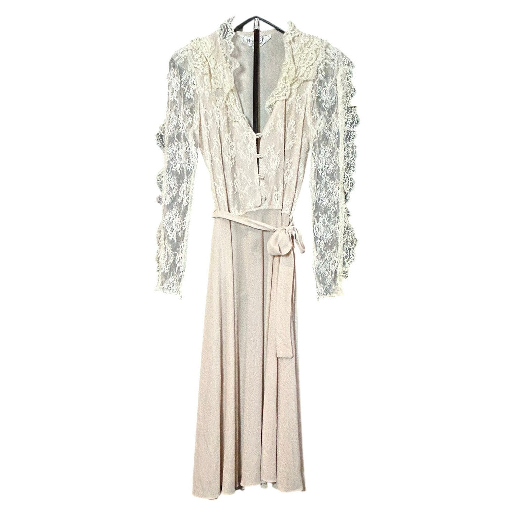 VTG 70s Phase II California Lace Ruffle Maxi Dress Cream Size 6 Victorian Pearl
